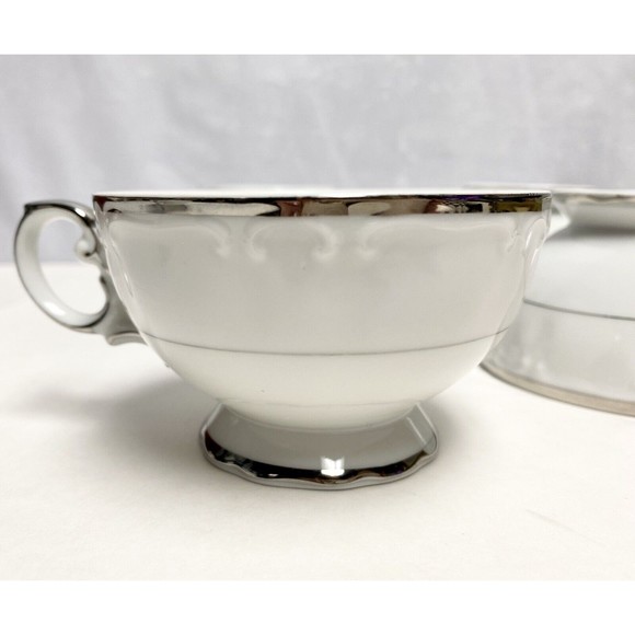 4 Vintage Fine China Harmony House Silver Sonata Tea Cups Mug 3639 Cups Only - Picture 2 of 9